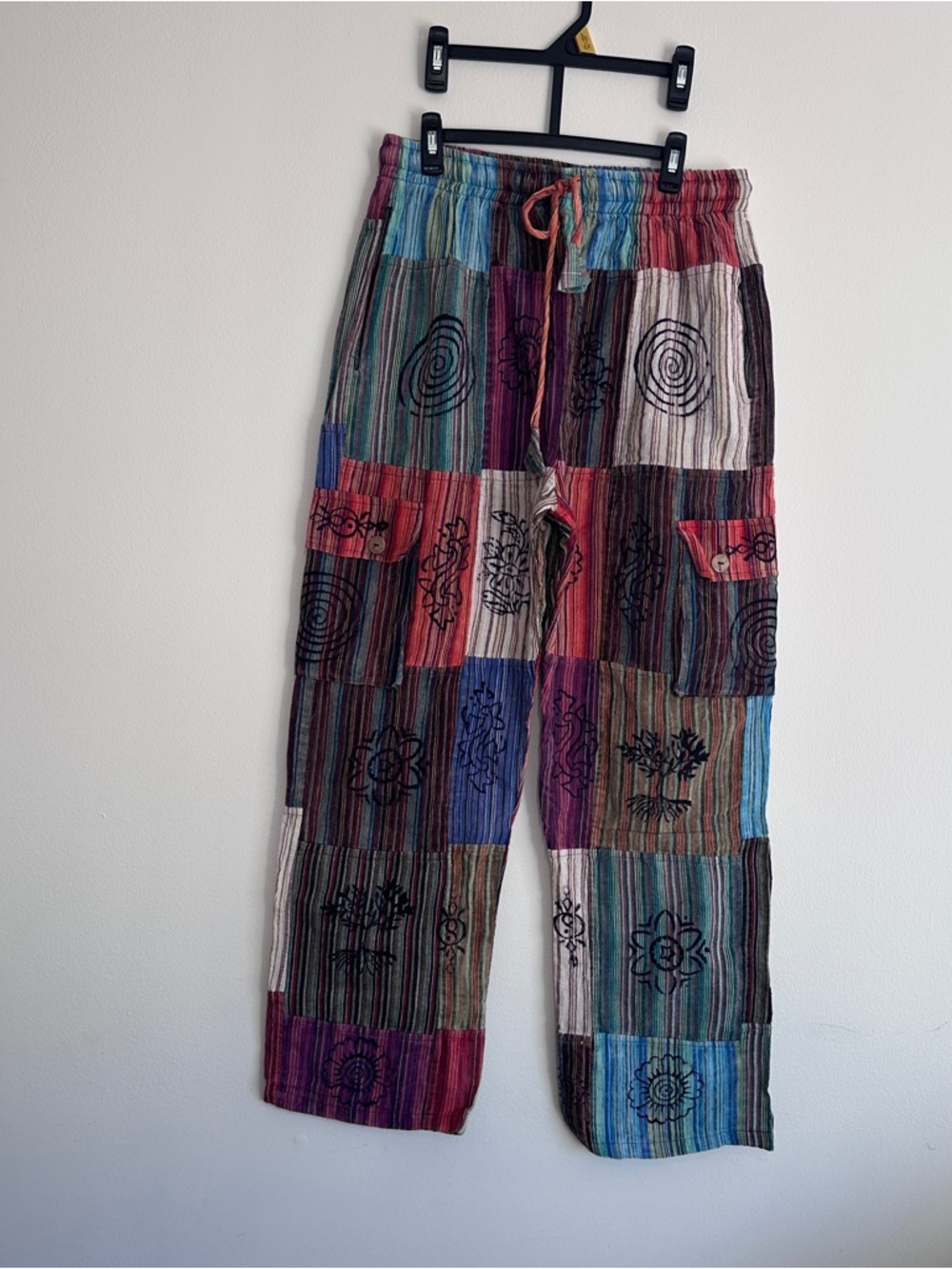 Multicolor Patchwork Cotton Drawstring Pants Boho Colorful